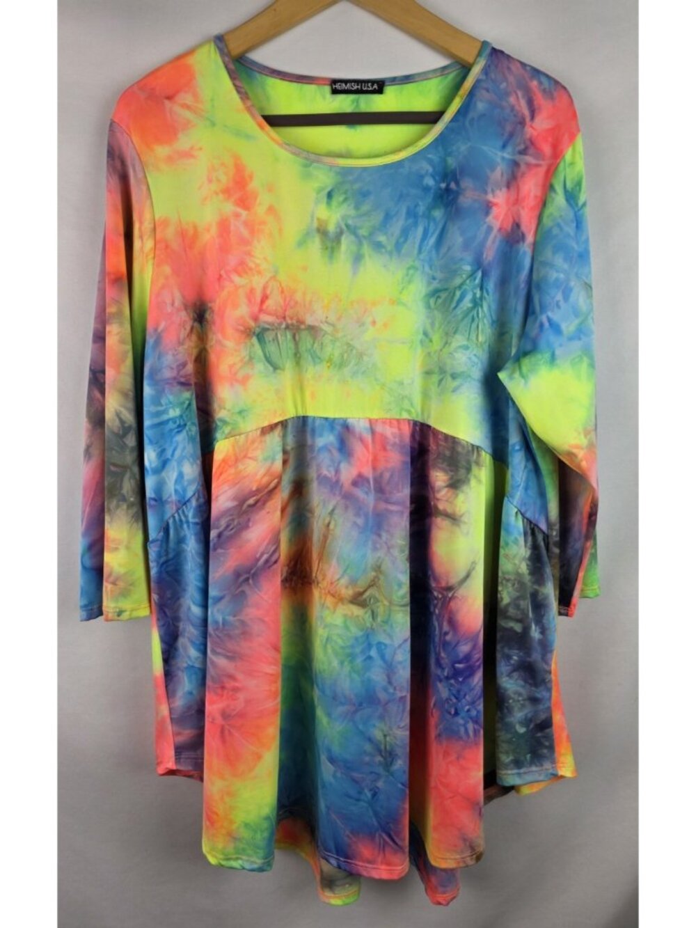 Heimish USA Women's Shirt Size 3X Neon Tie Dye 3/4 Sleeve Tunic Top